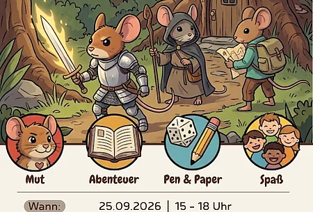 Wald-Zeichnung: vor Häuschen in Baumstumpf Maus in Ritterrüstung, Maus in langer Gewandung mit Cape und Kaputze, Maus mit Rucksack und Karte in den Pfoten, darunter Informationen