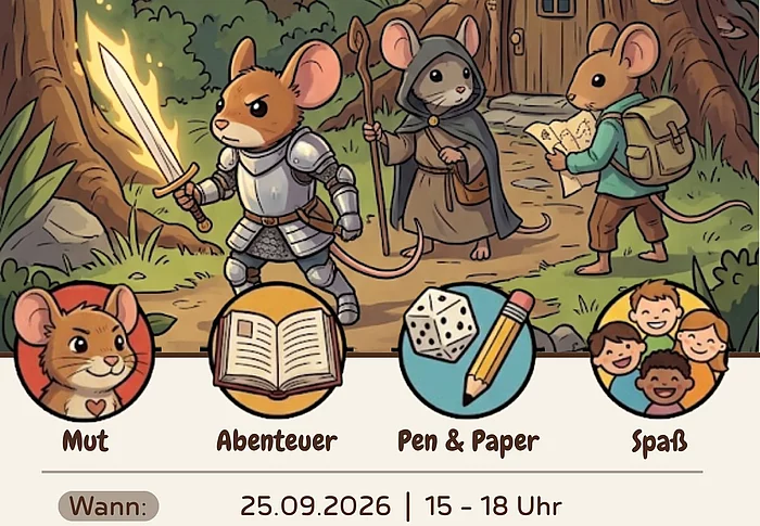 Wald-Zeichnung: vor Häuschen in Baumstumpf Maus in Ritterrüstung, Maus in langer Gewandung mit Cape und Kaputze, Maus mit Rucksack und Karte in den Pfoten, darunter Informationen