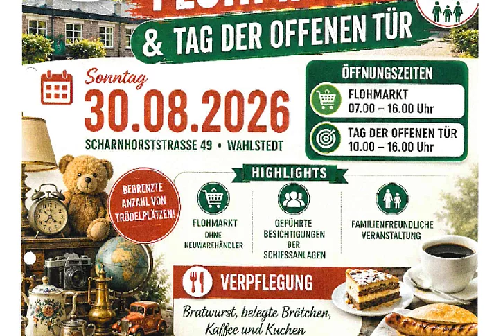 Buntes Plakat mit detaillierten Informationen zur Veranstaltungen, Abbildungen verschiedener Flohmarktartikel wie Teddy etc., Kaffeegedeck und Bratwurst