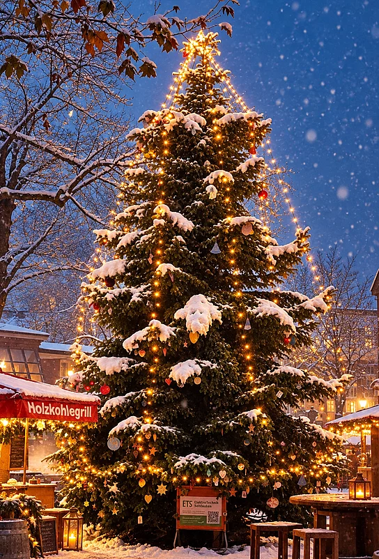 Erleuchtete geschmückte Weihnachtstanne auf dem Marktplatz vor Winterhimmel mit Schneeflocken