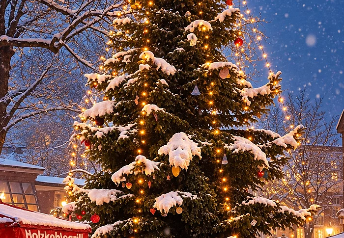 Erleuchtete, mit Schnee bedeckte und geschmückte große Tanne zwischen Ständen, Abendhimmel mit Schnee