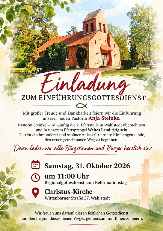 Zeichnung Christuskirche, darunter Einladungstext zu Einführungsgottesdienst