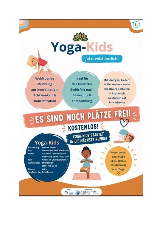 Plakat mit allen Infomationen zu den Yoga-Kis, bunte Kugeln und Zeichnungen von turnenden Kindern