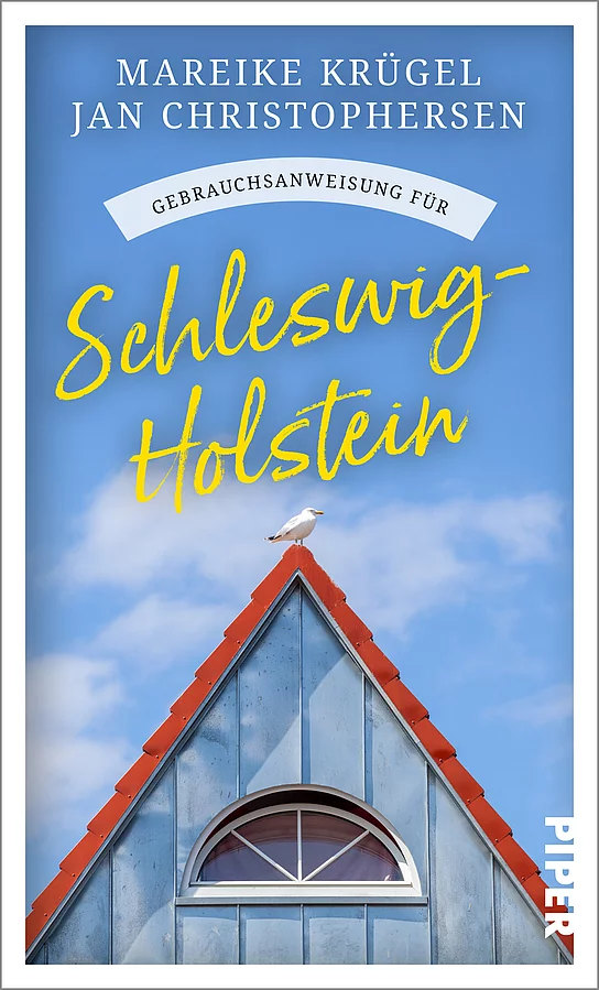 Plakat zum Buch 'Gebrauchsanweisung für Schleswig-Holstein', Darstellung eines Hausgipfels vor blauem Himmel