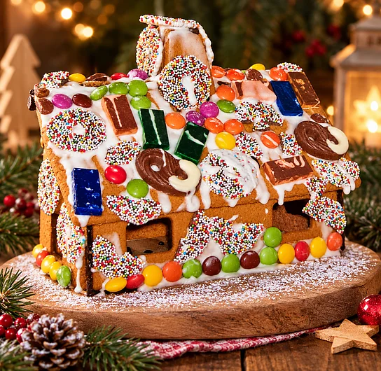 Mit Süßigkeiten und Zuckerguss bedecktes Lebkuchenhäuschen vor weihnachtlichem Hintergrund