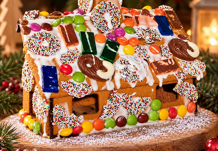Mit Süßigkeiten und Zuckerguss bedecktes Lebkuchenhäuschen vor weihnachtlichem Hintergrund