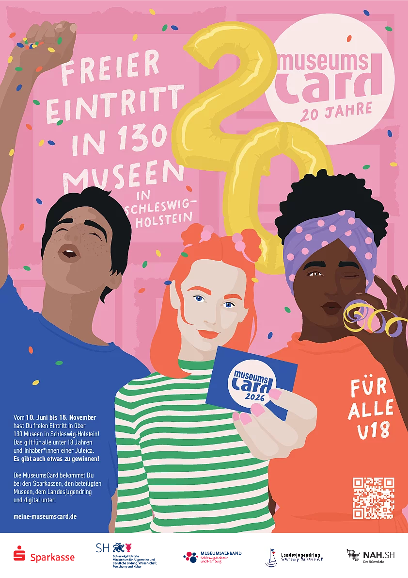Grafiken von 3 jungen Menschen vor rosa Hintergrund Schriftzug 40 Jahre Museumscard kostenlos