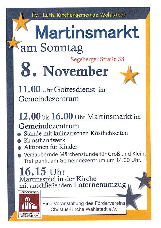 Infoplakat zum Martinsmarkt mit hellen und dunklen Sternen