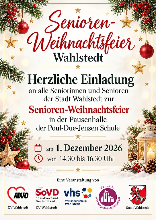 Plakat mit Informationen der einladenden Organisationen zur Seniorenweihnachtsfeier, rundherum weihnachtliche Dekoration