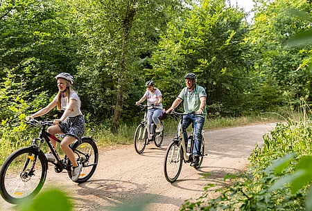 Familie auf Rädern auf Weg im Wald