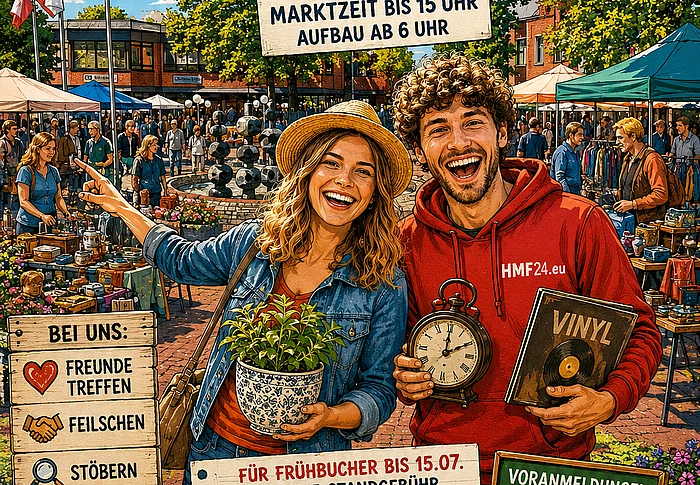 Plakat Zeichnung Junges Paar vor Flohmarkt sowie Veranstaltungsinfos_mit KI generiert