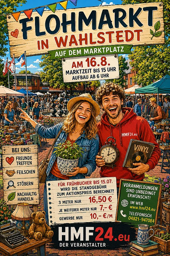 Plakat Zeichnung Junges Paar vor Flohmarkt sowie Veranstaltungsinfos_mit KI generiert