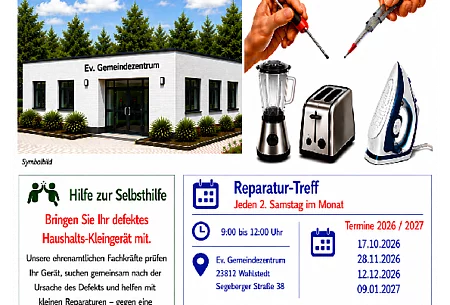 Plakat mit Abbildung des ev. Gemeindezentrum, diverser elektrische Kleingeräte und Infos zur Veranstaltung