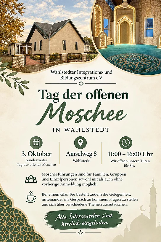 Plakat mit Foto der Wahlstedter Moschee von innen und außen sowie Informationen zur Veranstaltung
