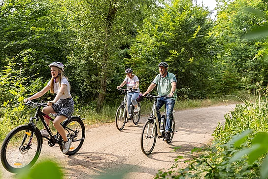 3 Personen fahren zwischen Grün auf einem Waldpfad Rad