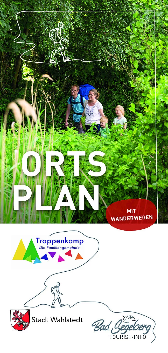 Cover Ortsplan mit Wanderwegen; 2 Personen und Kind im Grünen unterwegs