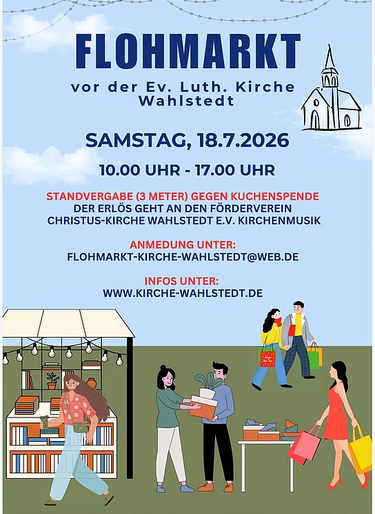 Veranstaltungsplakat, Infos und Zeichnung Wiese mit Menschen an Ständen und mit Taschen vor blauem Himmel