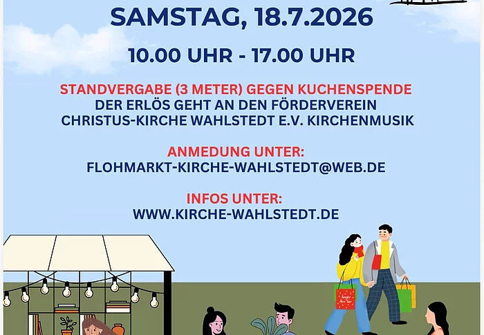 Veranstaltungsplakat, Infos und Zeichnung Wiese mit Menschen an Ständen und mit Taschen vor blauem Himmel