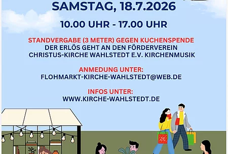 Veranstaltungsplakat, Infos und Zeichnung Wiese mit Menschen an Ständen und mit Taschen vor blauem Himmel